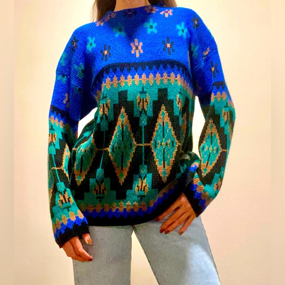 90’s Croquet Club Unique Royal Blue, Black, Light Brown & Green Sweater